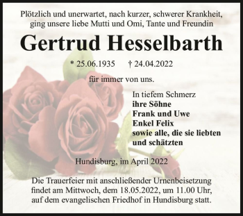 Traueranzeige von Gertrud Hesselbarth  von Magdeburger Volksstimme