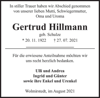 Traueranzeige von Gertrud Hillmann (geb. Schulze)  von Magdeburger Volksstimme