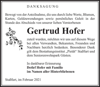 Traueranzeige von Gertrud Hofer  von Magdeburger Volksstimme