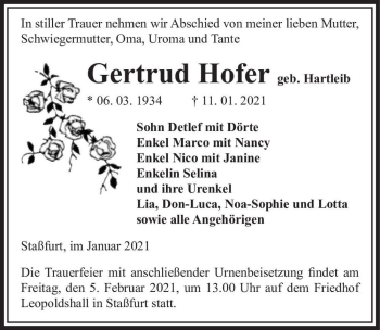 Traueranzeige von Gertrud Hofer (geb. Hartleib)  von Magdeburger Volksstimme