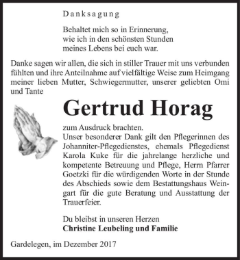 Traueranzeige von Gertrud Horag  von Magdeburger Volksstimme
