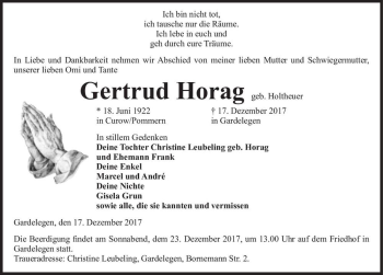 Traueranzeige von Gertrud Horag (geb. Holtheuer)  von Magdeburger Volksstimme