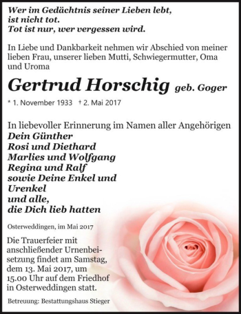 Traueranzeige von Gertrud Horschig (geb. Goger)  von Magdeburger Volksstimme