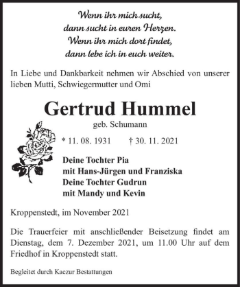 Traueranzeige von Gertrud Hummel (geb. Schumann)  von Magdeburger Volksstimme