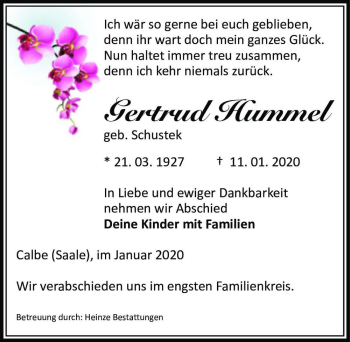 Traueranzeige von Gertrud Hummel (geb. Schustek)  von Magdeburger Volksstimme