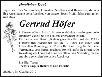 Traueranzeige von Gertrud Höfer  von Magdeburger Volksstimme