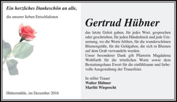 Traueranzeige von Gertrud Hübner  von Magdeburger Volksstimme