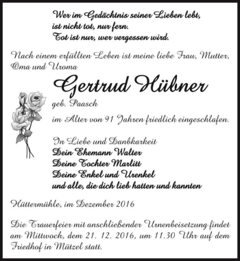 Traueranzeige von Gertrud Hübner (geb. Paasch)  von Magdeburger Volksstimme