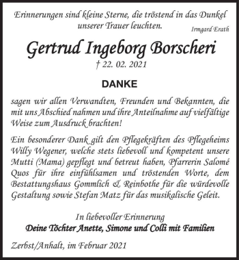 Traueranzeige von Gertrud Ingeborg Borscheri  von Magdeburger Volksstimme