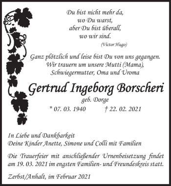 Traueranzeige von Gertrud Ingeborg Borscheri (geb. Dorge)  von Magdeburger Volksstimme