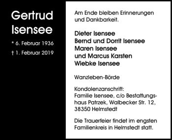 Traueranzeige von Gertrud Isensee  von Magdeburger Volksstimme