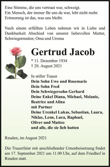 Traueranzeige von Gertrud Jacob  von Magdeburger Volksstimme
