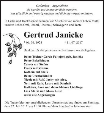 Traueranzeige von Gertrud Janicke  von Magdeburger Volksstimme