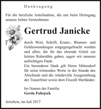 Traueranzeige von Gertrud Janicke  von Magdeburger Volksstimme