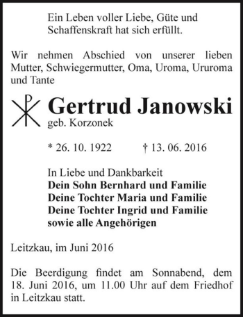 Traueranzeige von Gertrud Janowski (geb. Korzonek)  von Magdeburger Volksstimme
