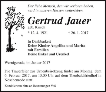Traueranzeige von Gertrud Jauer (geb. Kirsch)  von Magdeburger Volksstimme