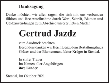 Traueranzeige von Gertrud Jazdz  von Magdeburger Volksstimme