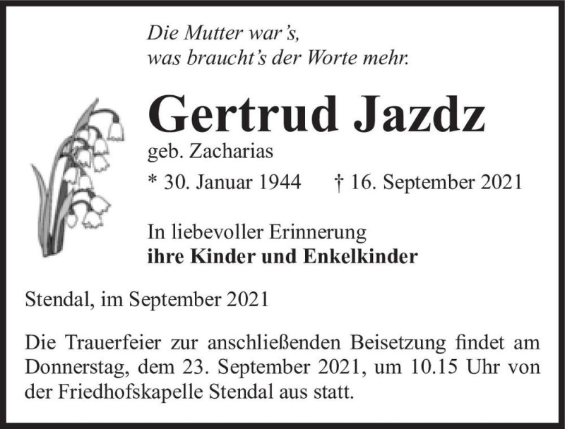  Traueranzeige für Gertrud Jazdz (geb. Zacharias)  vom 21.09.2021 aus Magdeburger Volksstimme