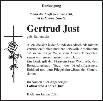 Traueranzeige von Gertrud Just (geb. Ballerstein)  von Magdeburger Volksstimme