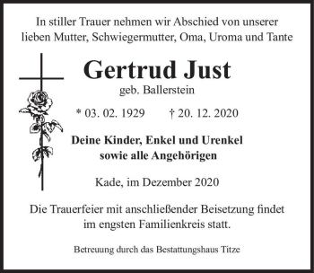 Traueranzeige von Gertrud Just (geb. Ballerstein)  von Magdeburger Volksstimme