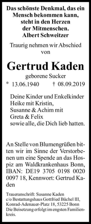Traueranzeige von Gertrud Kaden (geb. Sucker)  von Magdeburger Volksstimme