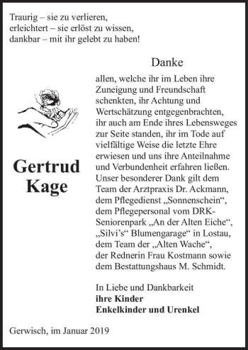 Traueranzeige von Gertrud Kage  von Magdeburger Volksstimme