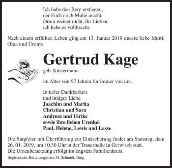 Traueranzeige von Gertrud Kage (geb. Küstermann)  von Magdeburger Volksstimme