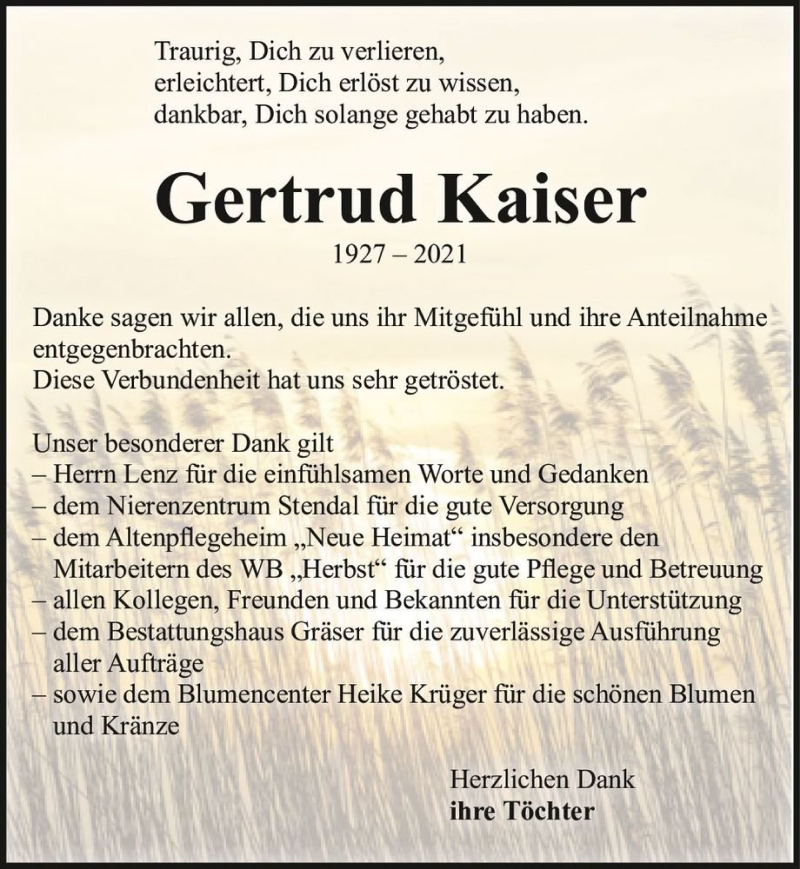  Traueranzeige für Gertrud Kaiser  vom 29.06.2021 aus Magdeburger Volksstimme