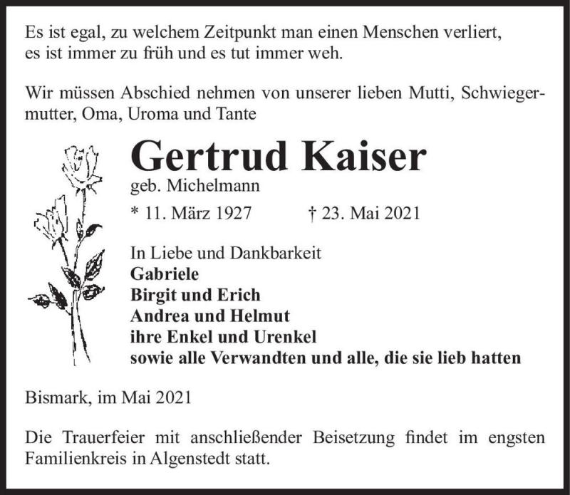  Traueranzeige für Gertrud Kaiser (geb. Michelmann)  vom 27.05.2021 aus Magdeburger Volksstimme