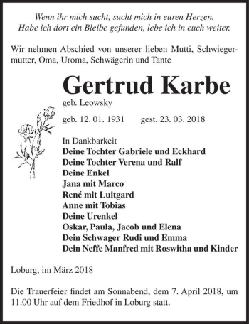 Traueranzeige von Gertrud Karbe (geb. Leowsky)  von Magdeburger Volksstimme