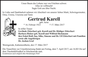 Traueranzeige von Gertrud Karell (geb. Jursa)  von Magdeburger Volksstimme