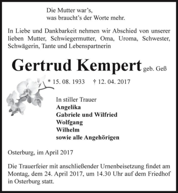 Traueranzeige von Gertrud Kempert (geb. Geß)  von Magdeburger Volksstimme