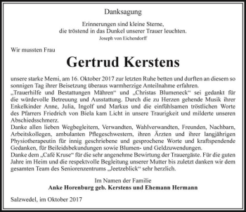 Traueranzeige von Gertrud Kerstens  von Magdeburger Volksstimme