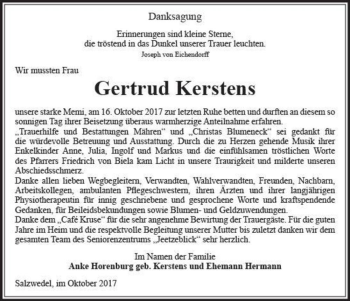 Traueranzeige von Gertrud Kerstens  von Magdeburger Volksstimme
