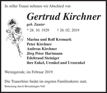Traueranzeige von Gertrud Kirchner (geb. Zauter)  von Magdeburger Volksstimme