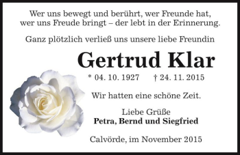 Traueranzeige von Gertrud Klar  von Magdeburger Volksstimme