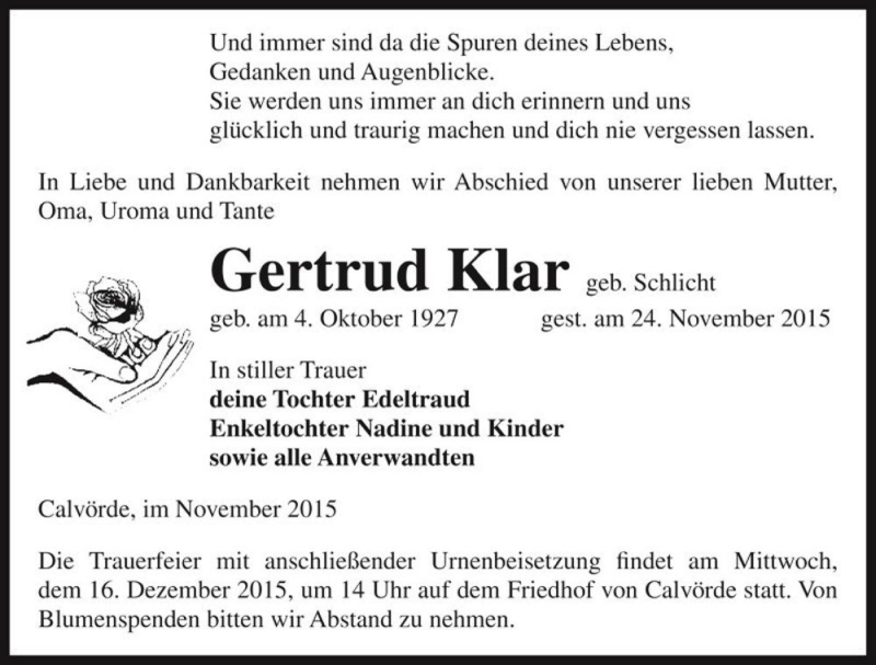  Traueranzeige für Gertrud Klar (geb. Schlicht)  vom 01.12.2015 aus Magdeburger Volksstimme