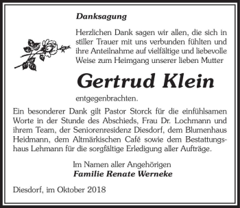 Traueranzeige von Gertrud Klein  von Magdeburger Volksstimme