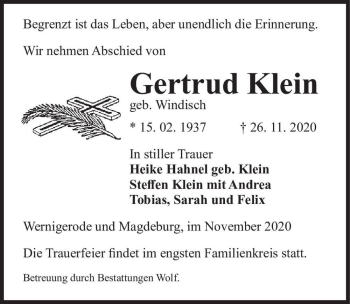 Traueranzeige von Gertrud Klein (geb. Windisch)  von Magdeburger Volksstimme