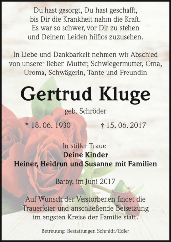 Traueranzeige von Gertrud Kluge (geb. Schröder)  von Magdeburger Volksstimme