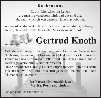 Traueranzeige von Gertrud Knoth  von Magdeburger Volksstimme