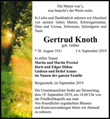 Traueranzeige von Gertrud Knoth (geb. Gräber)  von Magdeburger Volksstimme