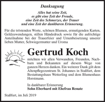 Traueranzeige von Gertrud Koch  von Magdeburger Volksstimme