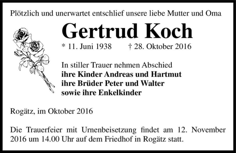  Traueranzeige für Gertrud Koch  vom 03.11.2016 aus Magdeburger Volksstimme