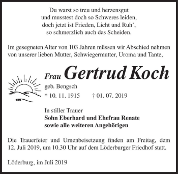 Traueranzeige von Gertrud Koch (geb. Bengsch)  von Magdeburger Volksstimme