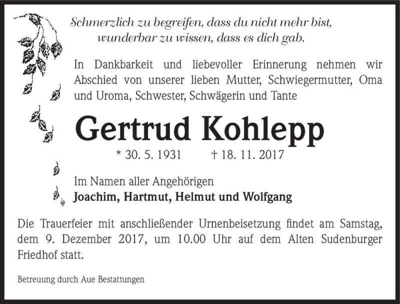 Traueranzeige für Gertrud Kohlepp  vom 02.12.2017 aus Magdeburger Volksstimme