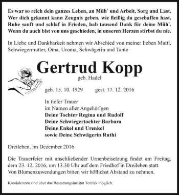 Traueranzeige von Gertrud Kopp (geb. Hadel)  von Magdeburger Volksstimme
