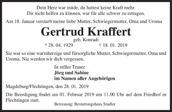 Traueranzeige von Gertrud Kraffert (geb. Konradi)  von Magdeburger Volksstimme