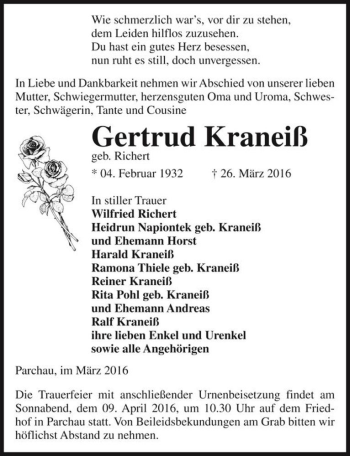 Traueranzeige von Gertrud Kraneiß (geb. Richert)  von Magdeburger Volksstimme