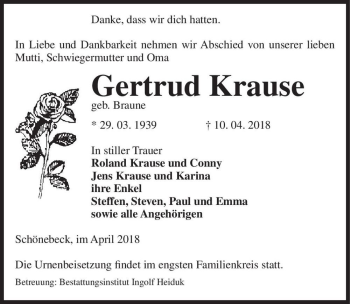 Traueranzeige von Gertrud Krause (geb. Braune)  von Magdeburger Volksstimme